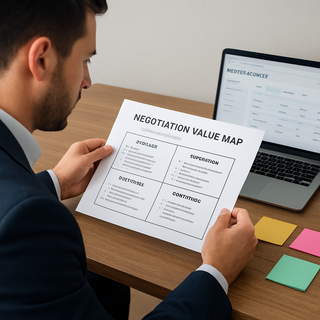 A professional procurement manager reviewing a printed negotiation value‑map template at a desk, with colorful sticky notes and a laptop open to a supplier portal. Alt: negotiation skills assessment template for procurement professionals