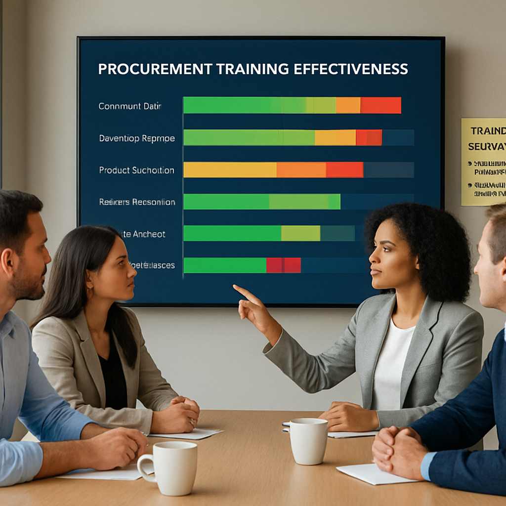 A procurement team gathered around a screen displaying a KPI dashboard with colour‑coded bars, coffee mugs on the table, and a sticky‑note summary of training outcomes. Alt: procurement training effectiveness dashboard visualization