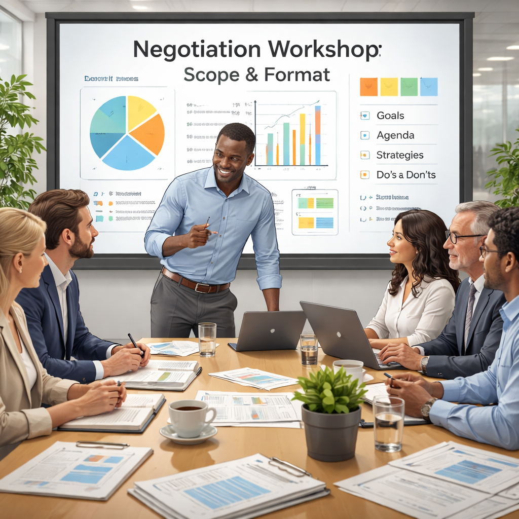 A realistic illustration of a diverse group of professionals gathered around a virtual conference screen, showing charts and notes, Alt: negotiation workshop scope and format visual