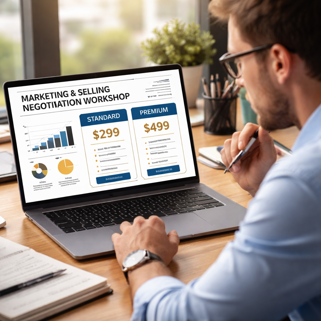 A realistic scene of a professional marketer reviewing a laptop screen with graphs and workshop pricing tables, Alt: marketing and selling negotiation workshop visual