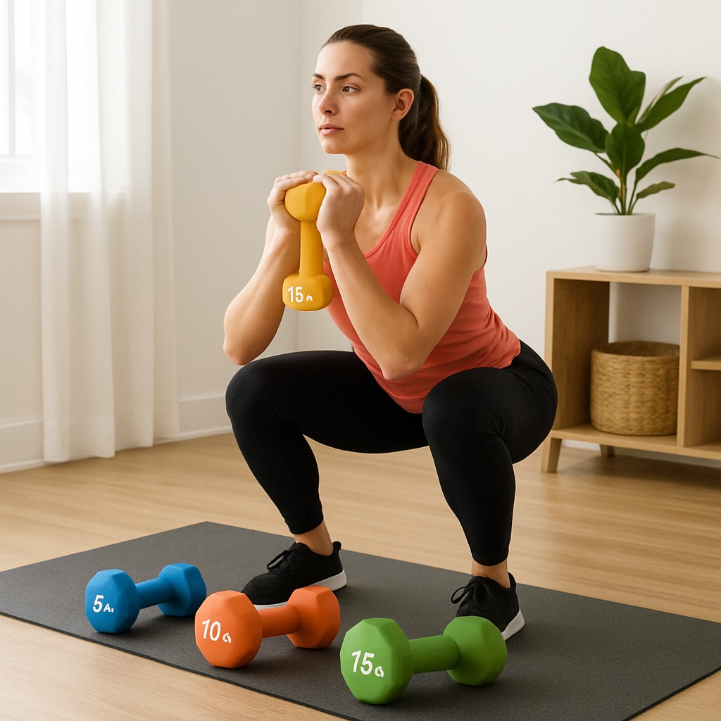 A bright home gym corner with neoprene dumbbells 5, 10, 15 lbs arranged on a mat, a person performing a goblet squat. Alt: effective exercise routines using a 5‑10‑15 neoprene dumbbell set