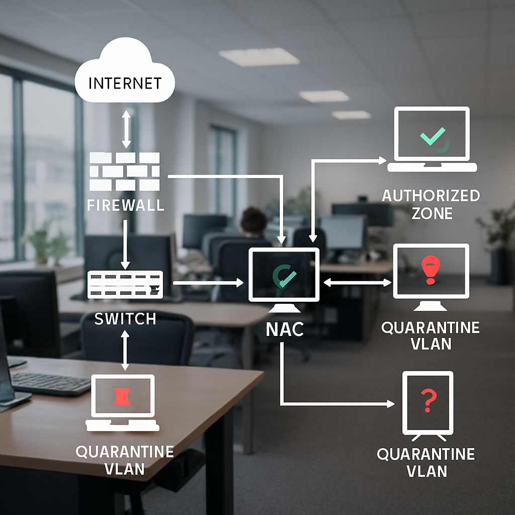 A modern office with a visible network diagram overlay showing devices being checked by a NAC system, highlighting quarantine VLANs and authorized zones. Alt: Network access control visualization for SMBs.