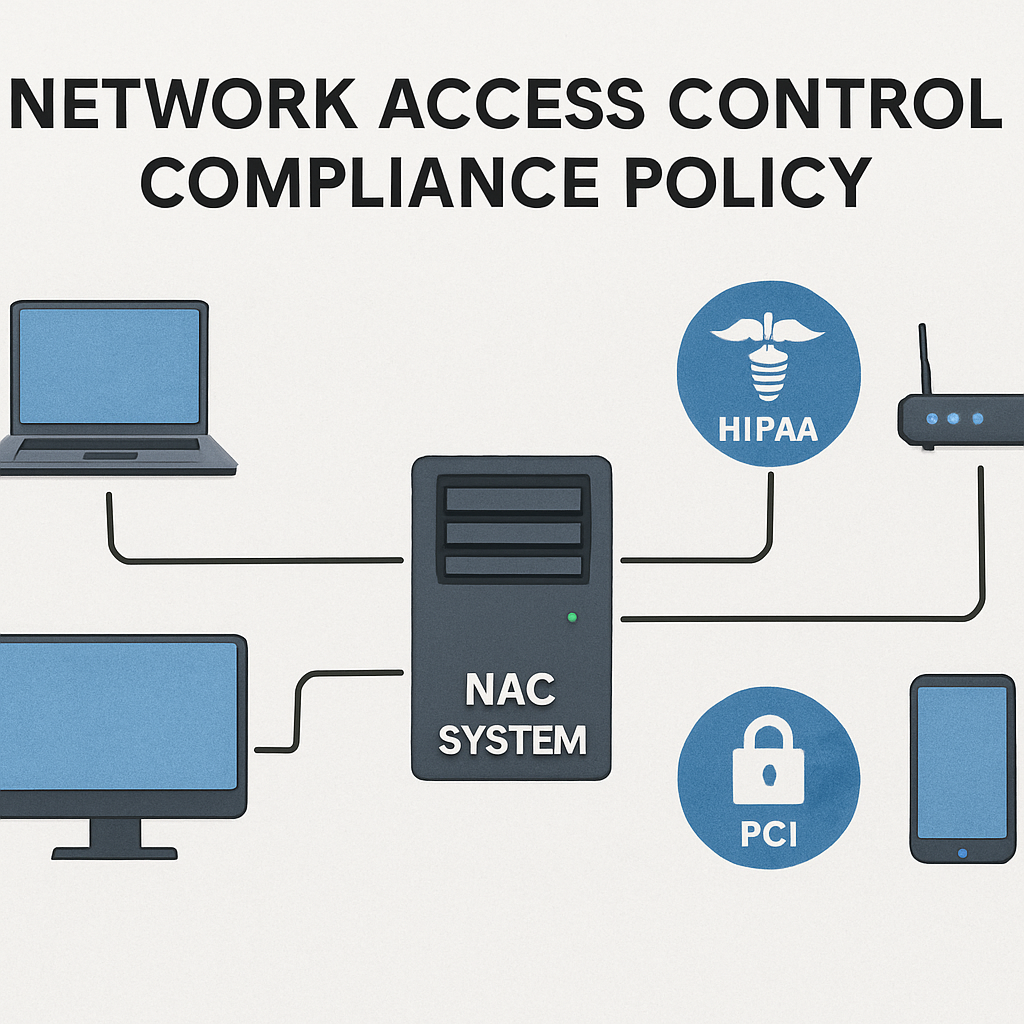 A network diagram showing devices being evaluated by a NAC system, with compliance icons (HIPAA, PCI) attached to policy enforcement points. Alt: network access control compliance policy visualization