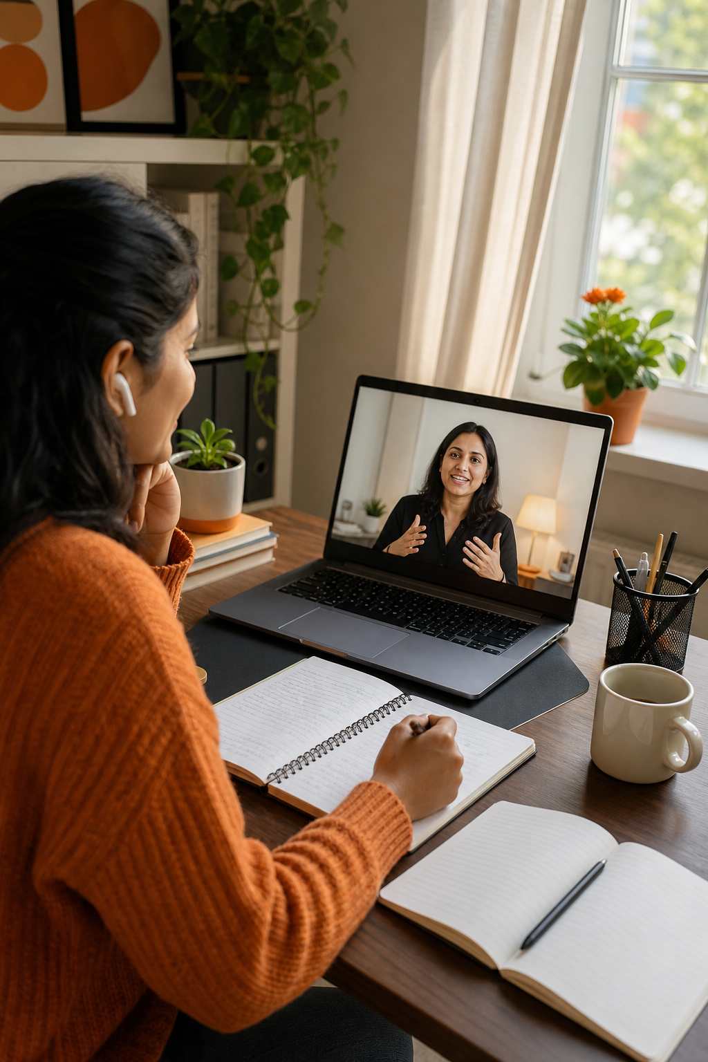 A warm, natural-light home office scene showing a focused woman on a video call with a mentor displayed on her laptop screen, notebooks open on her desk, brand colour orange tones in the decor, realistic photography style. Alt: home-based network marketer in mentorship coaching session with Shush Arya.