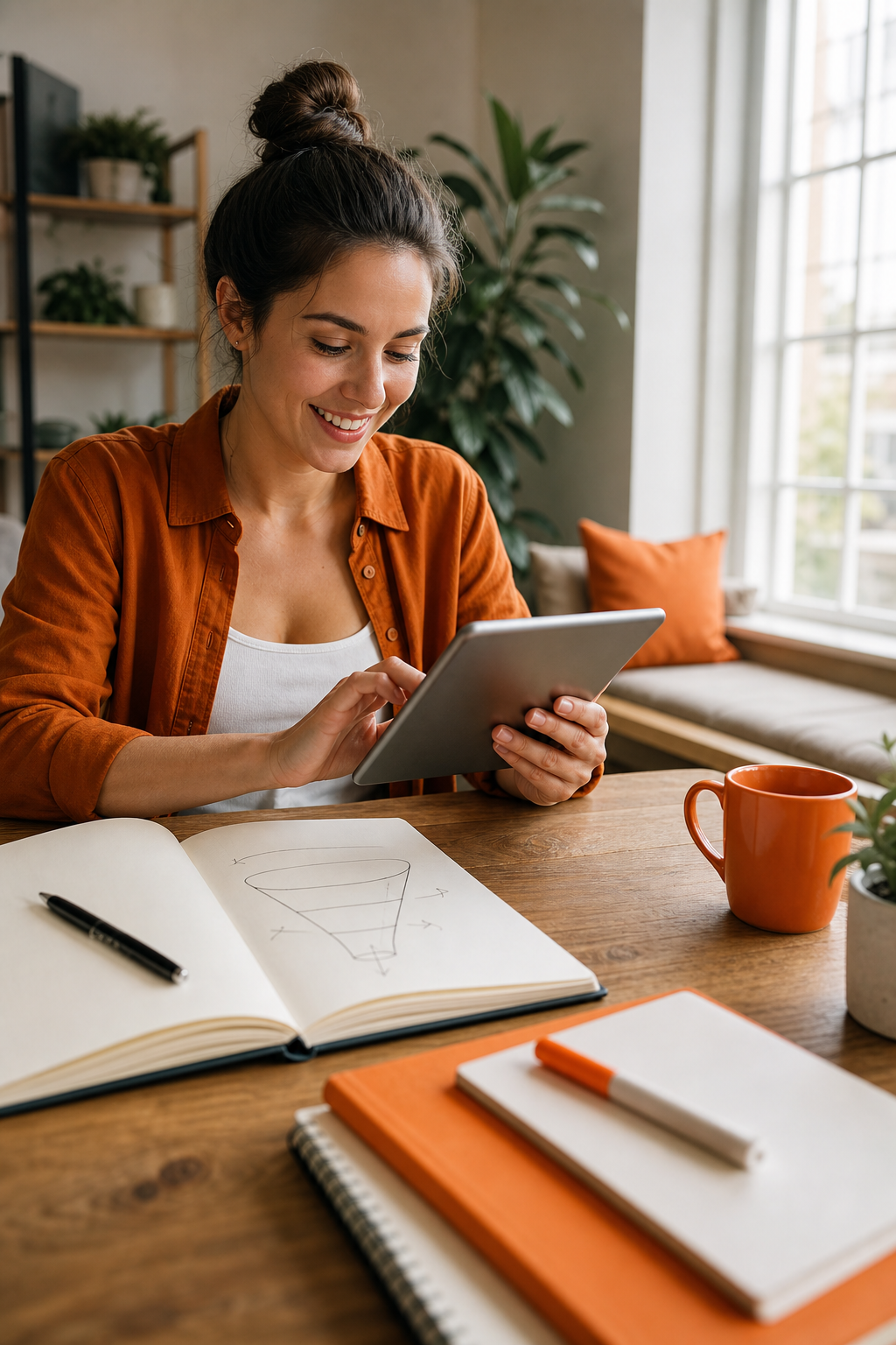 A cheerful young professional sitting at a bright desk, scrolling through social media content strategy notes on a tablet, with an open notebook showing a lead generation funnel sketch, natural daylight streaming in, realistic lifestyle photography. Alt: network marketing social media lead generation mentorship strategy planning.