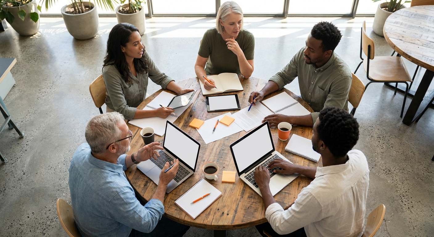 A photorealistic overhead view of a small diverse group of entrepreneurs gathered around a wooden table with laptops and notebooks, in a bright co-working space, actively discussing ideas together. Alt: mastermind group peer mentorship community for network marketing beginners.