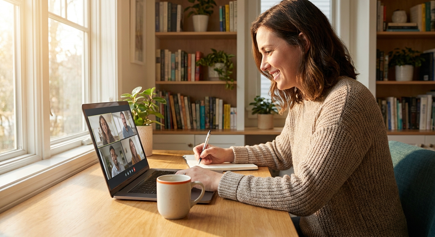 A photorealistic scene of a woman sitting at a home desk with a laptop open, taking notes during a live video coaching session, warm natural light from a window, a cup of tea beside her keyboard, bookshelves in the background. Alt: home-based teacher receiving network marketing mentorship via video coaching session.