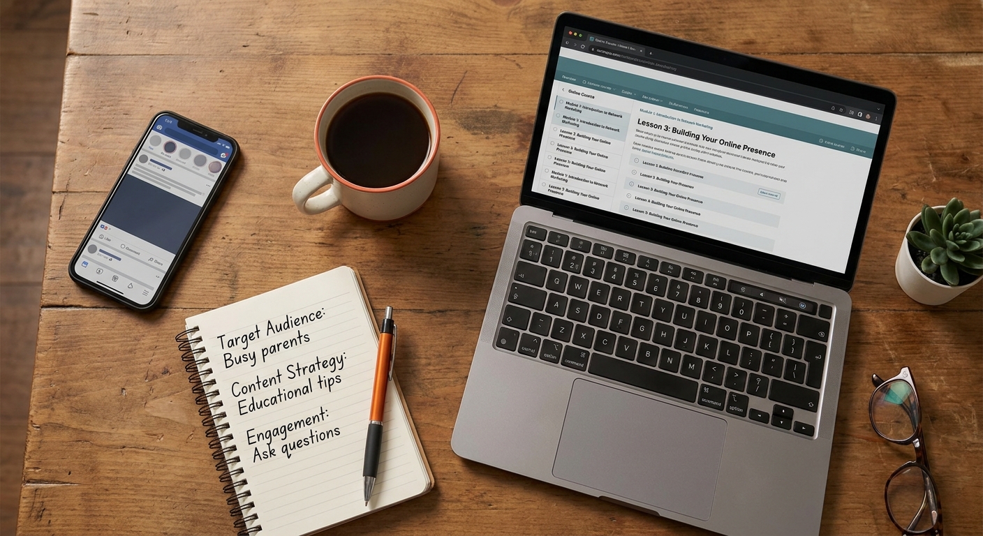 A photorealistic flat-lay of a home workspace with a smartphone showing a social media feed, a notebook with handwritten marketing notes, a laptop open to an online course platform, soft warm lighting on a wooden desk. Alt: home-based teacher studying social media network marketing course at a home desk.