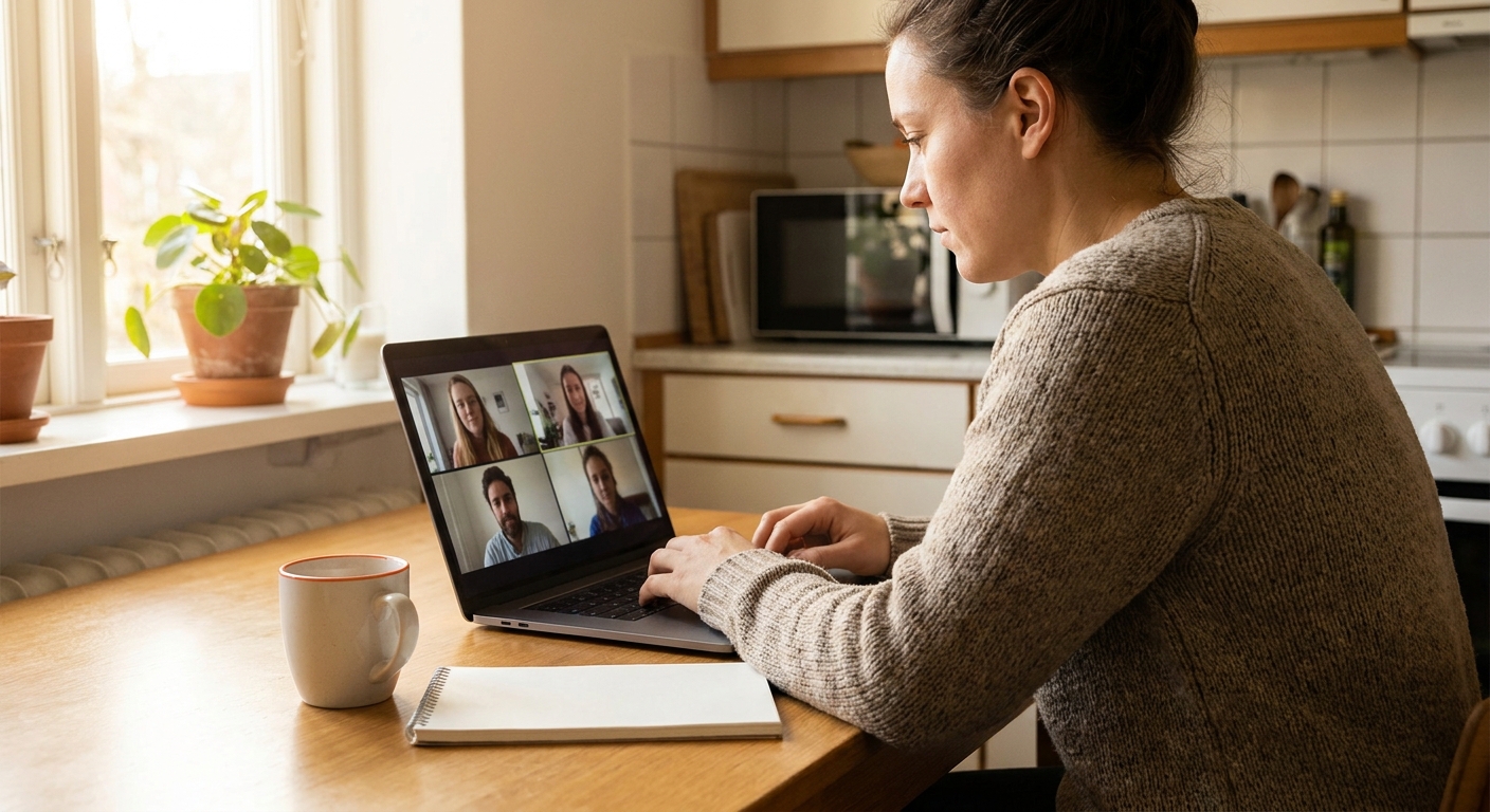 A photorealistic scene of a parent working on a laptop at a kitchen table during a video coaching call, warm natural light, notebook and coffee nearby, focused and motivated expression. Alt: network marketing mentorship for side hustle beginners coaching session at home.