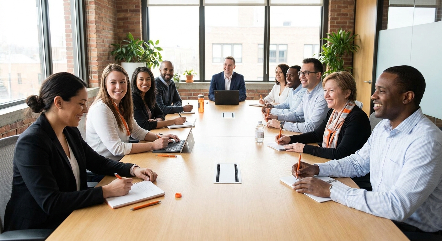 A photorealistic shot of a small group at a motivational workshop, people taking notes and engaged, bright modern room, energetic atmosphere. Alt: mindset and motivation bootcamp for network marketing side hustle beginners.