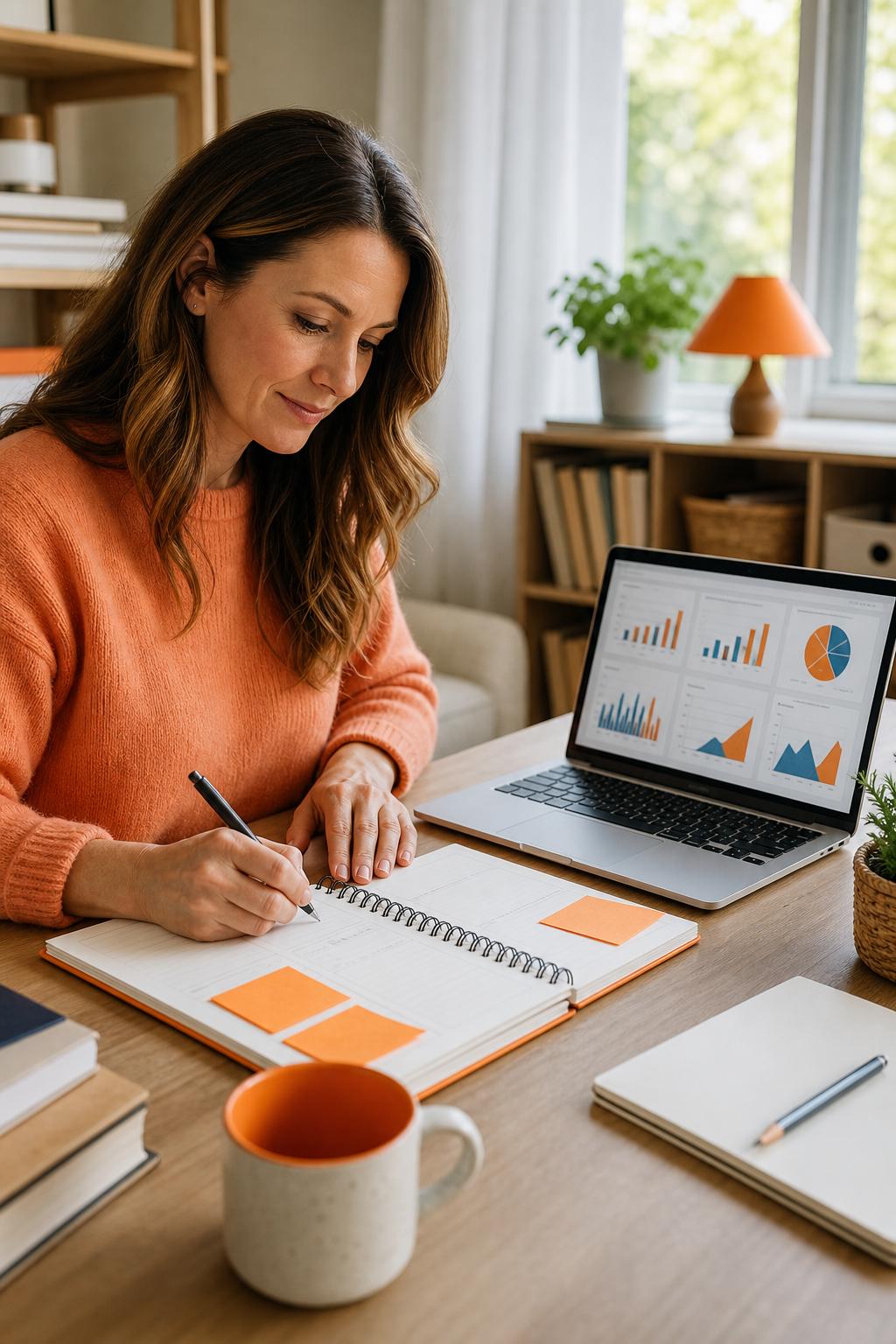 A stay-at-home teacher sitting at a bright home desk, organising a lesson plan notebook alongside a laptop open to a business dashboard, warm natural light, realistic editorial style with brand accent colour orange. Alt: stay at home teacher translating lesson planning skills into network marketing business strategy
