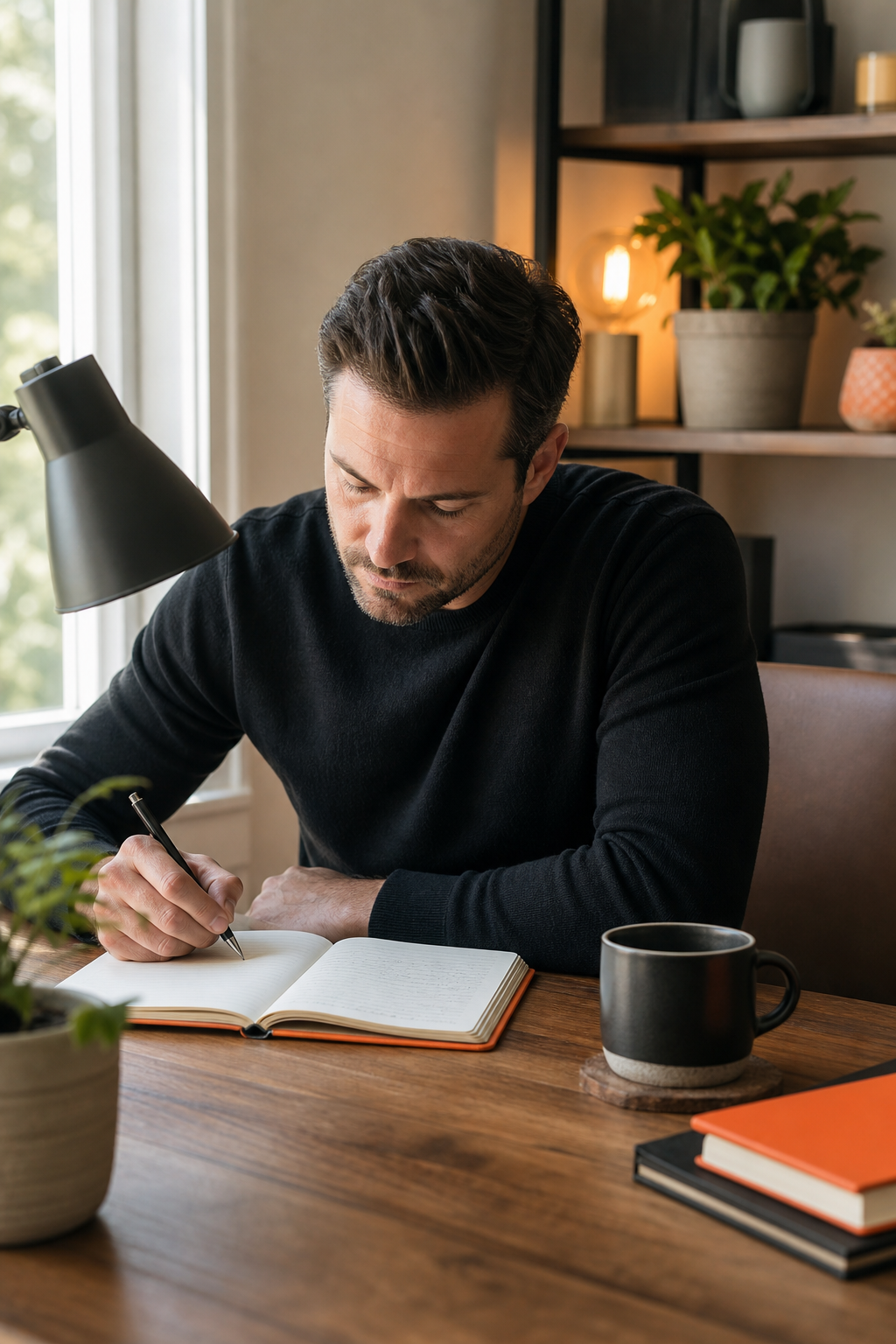 A person sitting at a wooden desk with a notebook open, writing a personal mission statement in a warmly lit home office, surrounded by plants and a cup of coffee. Realism style. Alt: network marketer writing personal brand identity statement in home office.