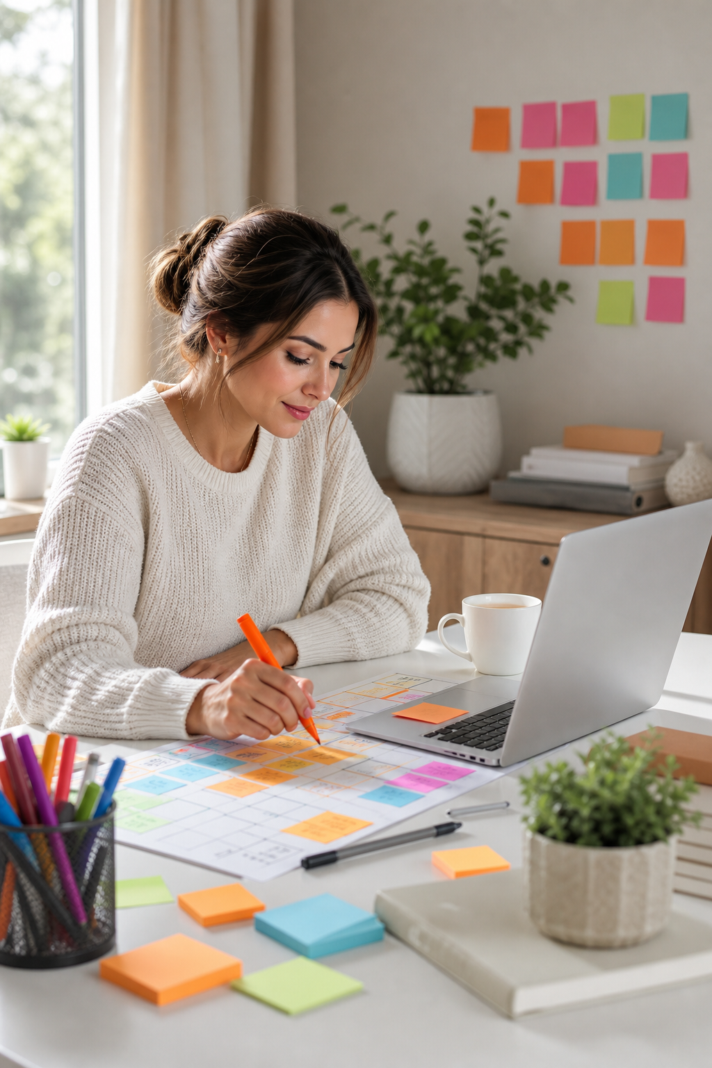 A woman sitting at a bright home desk surrounded by sticky notes and a laptop, mapping out a content calendar with coloured markers. Realism style. Alt: network marketer planning a personal brand content strategy.