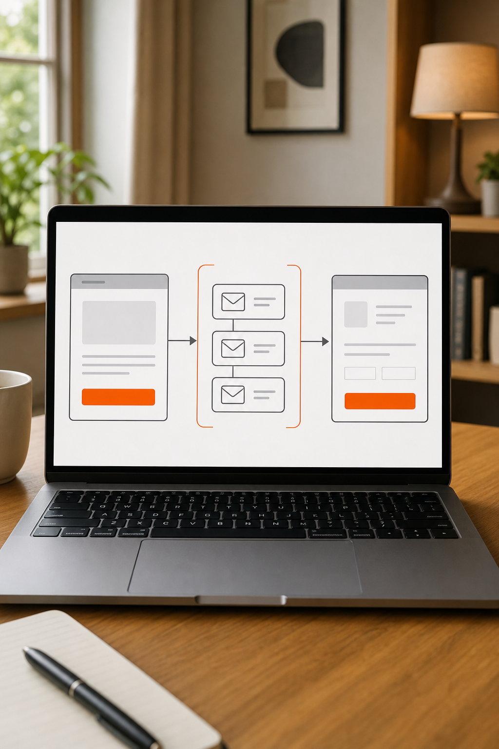 A photorealistic scene of a home-based entrepreneur on a live video coaching call at a tidy kitchen-table desk, laptop open showing a lead capture page sketch, warm natural light with subtle orange accent tones. Alt: network marketing mentorship program for building a sales funnel coaching session at home.