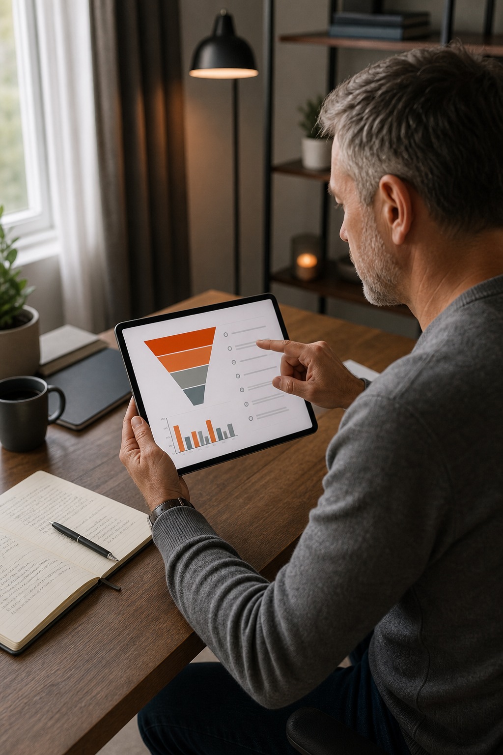 A photorealistic close-up of a laptop screen showing a clean drag-and-drop funnel template with a lead capture form and email sequence steps, beside a notebook and coffee on a wooden desk, soft daylight with warm orange highlights. Alt: online course with funnel templates for network marketing sales funnel building.