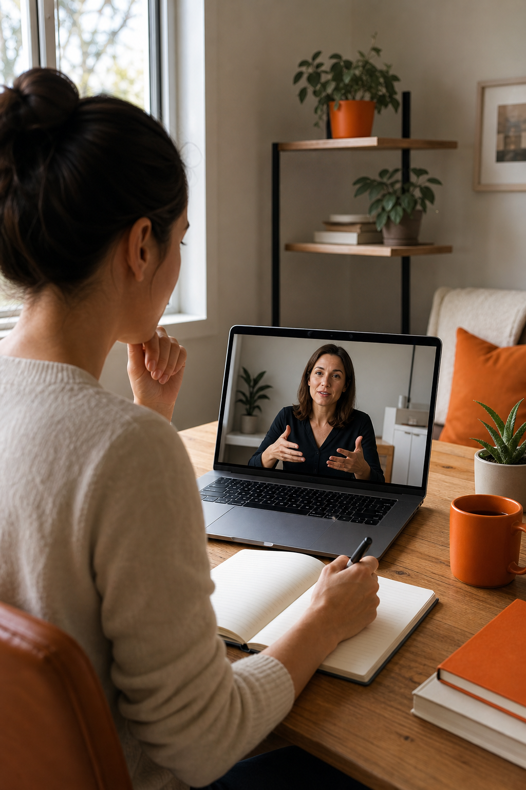 A realistic home office scene showing a person engaged in a live video coaching session on a laptop, with a notebook open and warm natural light coming through a window, creating a focused and motivated atmosphere. Alt: human-led network marketing mentorship coaching session for digital marketers.
