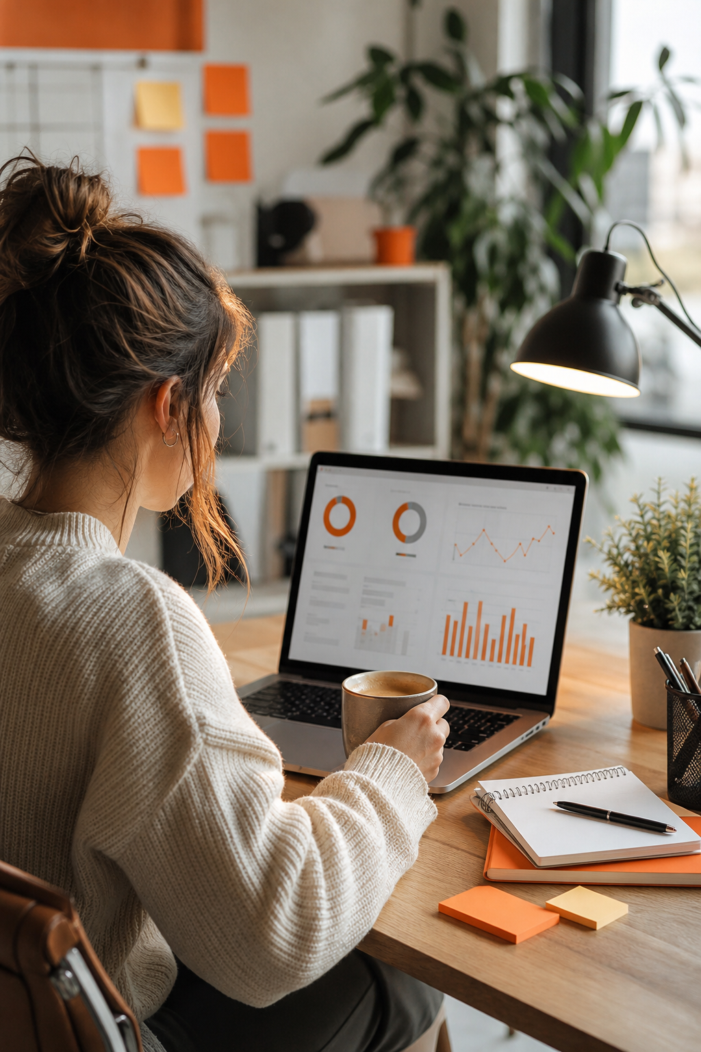 A digital marketer working at a modern desk with a laptop showing social media analytics, surrounded by notepads and a coffee cup, in a bright and energised workspace with warm accent lighting. Alt: attraction marketing mentorship for MLM distributors building online presence.