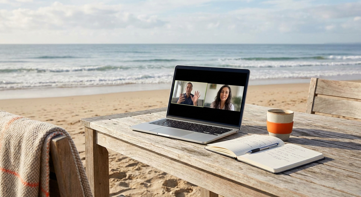 A realistic scene of a laptop on a beach table with a notebook, a coffee cup, and a calm ocean in the background, alt: digital nomad coaching session on a laptop