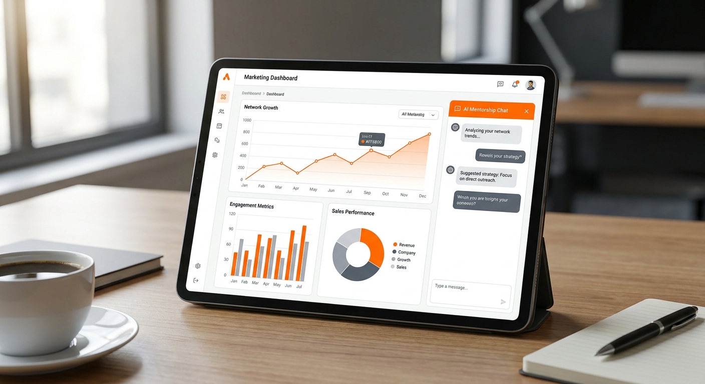 A photorealistic view of a tablet displaying an AI‑driven marketing dashboard with charts and a chat window, alt: AI tools for network marketing mentorship