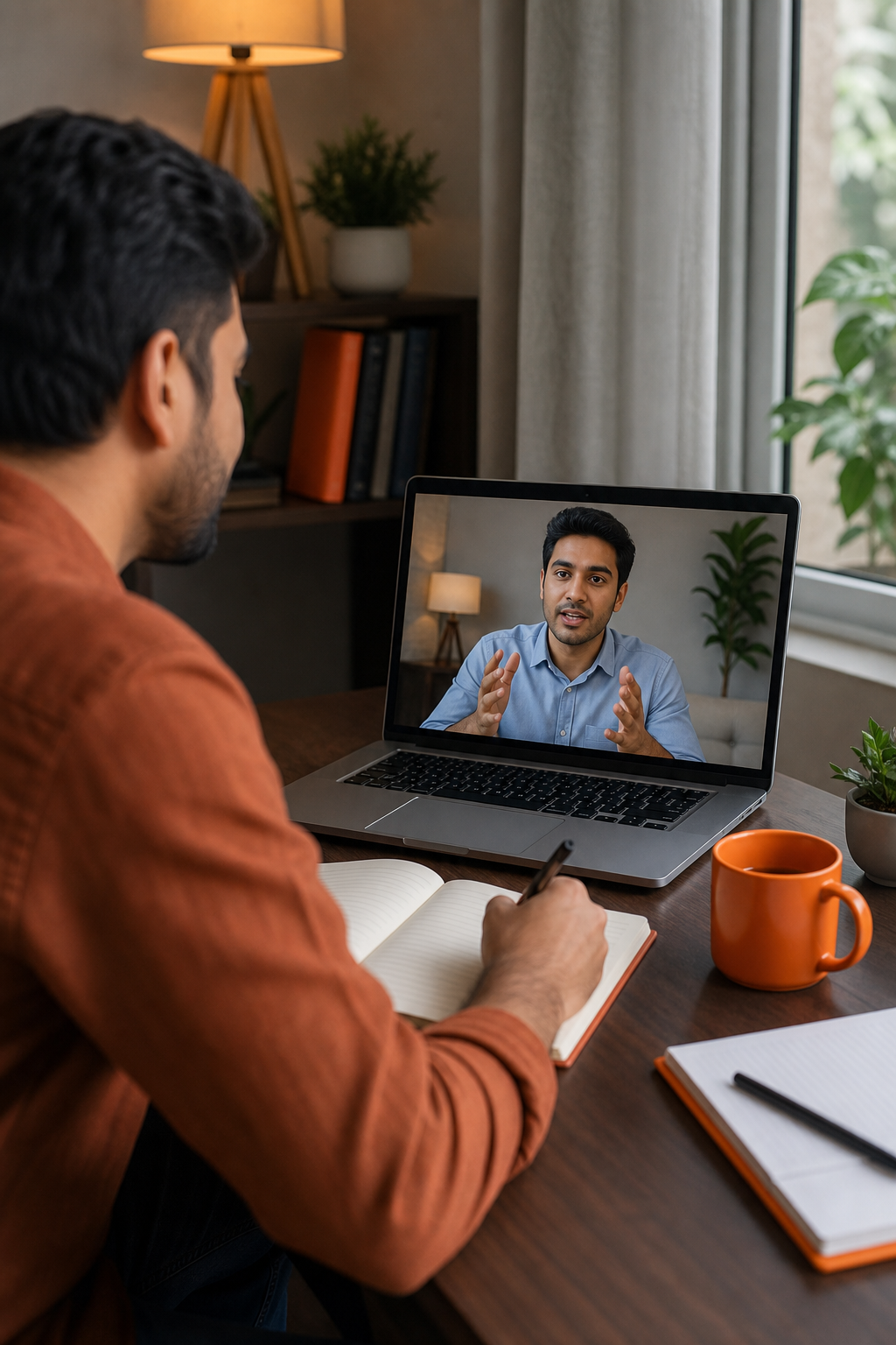 A warm, realistic photo of a mentor and a freelancer having a video call, with notes and a laptop visible. Alt: Shush Arya mentorship video call for network marketing freelancers