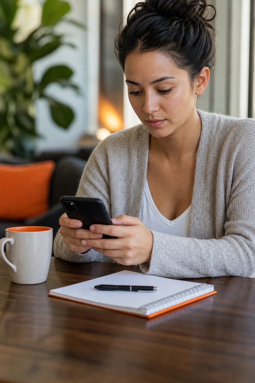A realistic shot of a network marketer reviewing a script on a phone, with a coffee cup and a notebook. Alt: network marketing freelancer reviewing a script on phone