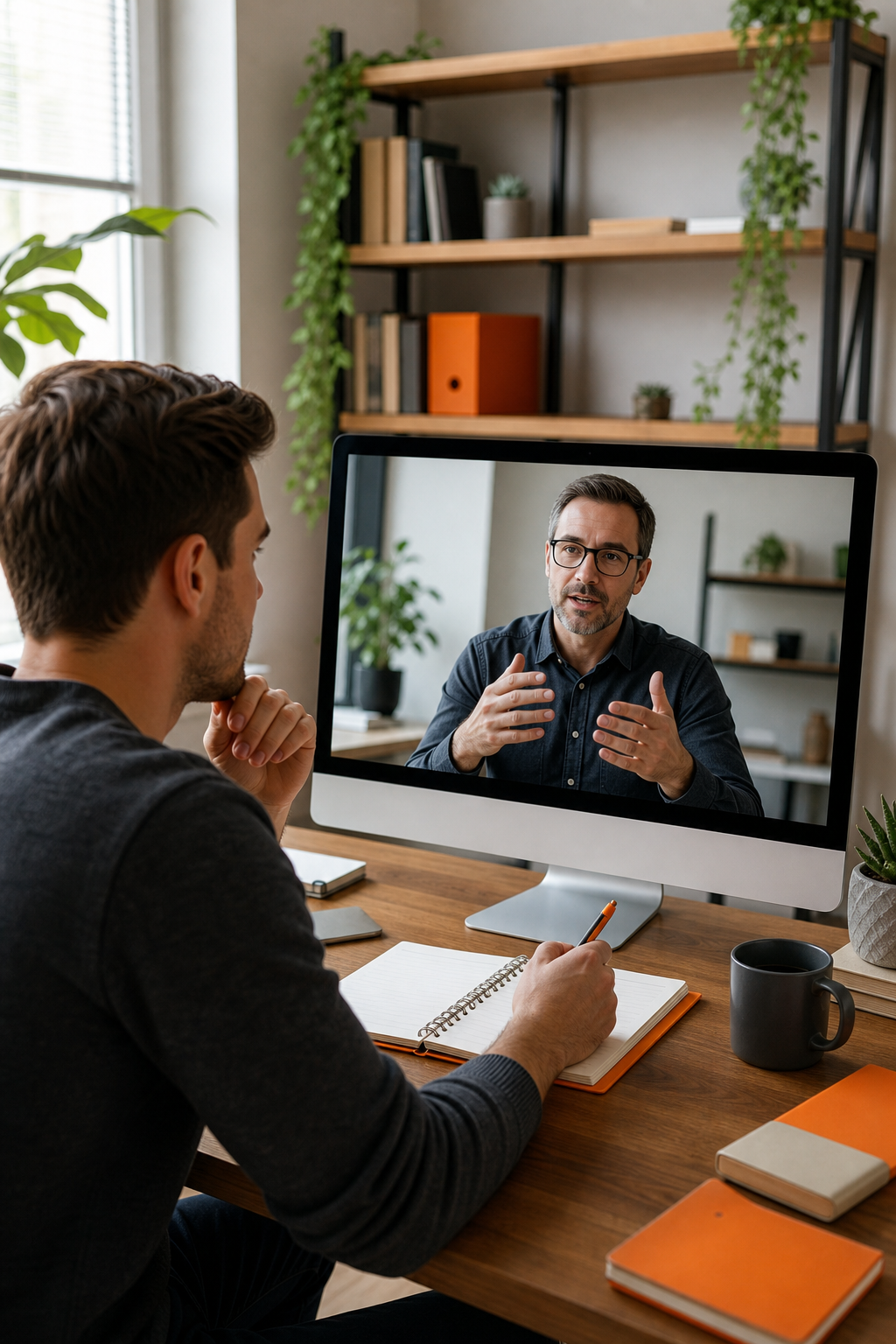 A realistic scene of a home office with a video call on screen, a mentor and a motivated entrepreneur discussing a network marketing plan, bright natural light, modern décor.