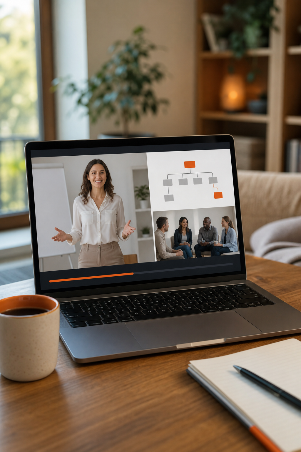 A realistic illustration of a laptop screen showing a network marketing training module, a cup of coffee beside it, and a relaxed home environment.