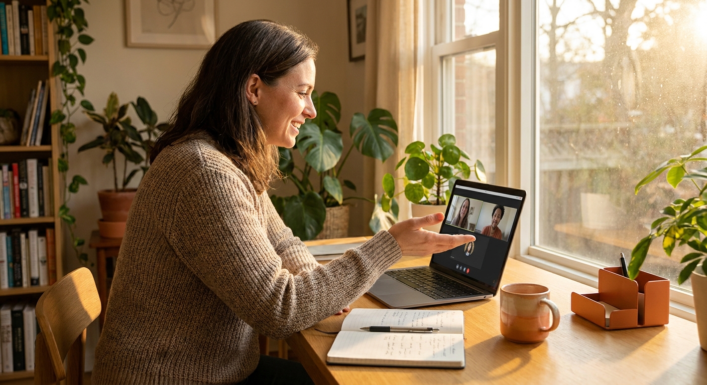 A home-based entrepreneur sitting at a bright home office desk during a live video coaching session on a laptop, notes beside them, warm natural light from a window, realistic editorial style with orange accent tones. Alt: part-time network marketer in a one-on-one mentorship coaching session.
