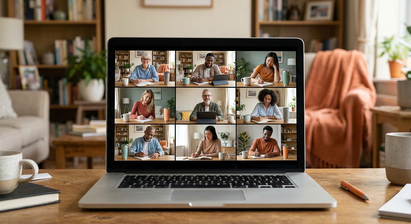 A diverse group of online entrepreneurs gathered on a video conference call grid on a laptop screen, taking notes, coffee cups nearby, warm home office setting, realistic editorial photography. Alt: network marketers on a community group mentorship call.