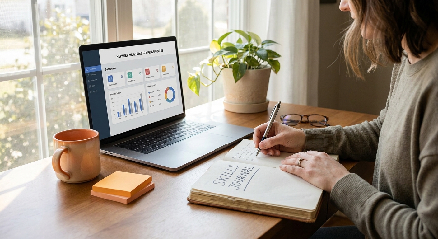 A photorealistic scene of a remote worker at a home office desk, writing in a skills journal with a laptop open showing a network marketing training dashboard, warm natural light from a window, brand accent colour orange visible in a mug and sticky notes. Alt: remote worker identifying core network marketing skills during a mentorship session at home.