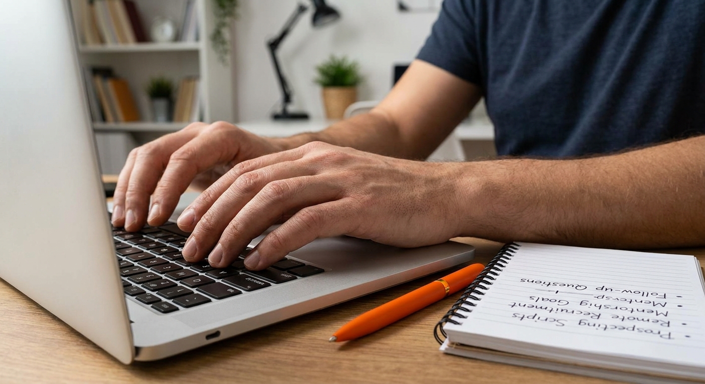 A photorealistic close-up of a person's hands typing a message on a laptop keyboard, with a notepad showing handwritten conversation bullet points and an orange pen beside it, home office setting with soft background blur. Alt: network marketer writing prospecting scripts for remote recruitment during a mentorship programme.
