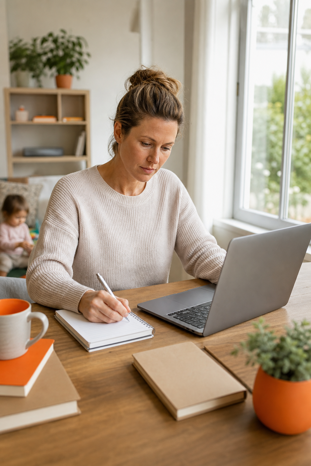 A photorealistic scene of a woman sitting at a home office desk with a laptop open, notes beside her, and natural light coming through a window, conveying focus and purpose in a warm domestic setting. Alt: stay at home mum working on network marketing mentorship training at home desk