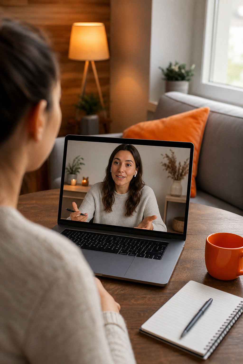 A photorealistic image of a woman on a video call coaching session, visible on a laptop screen, with a warm home office background, conveying a personal one-on-one mentorship environment. Alt: online network marketing mentorship coaching session for stay at home mums
