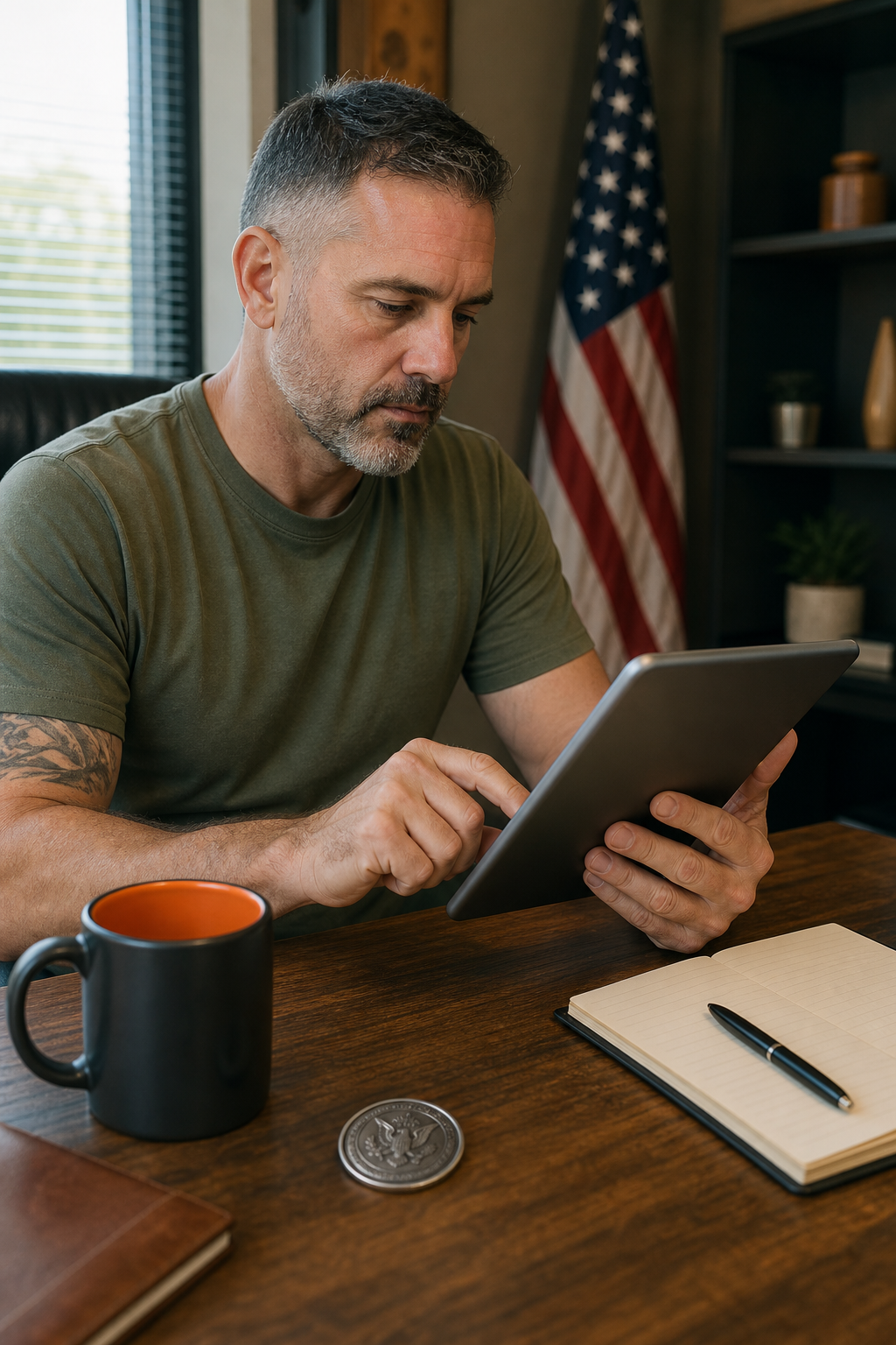 A photorealistic portrait of a confident mentor in a home office setting, with a whiteboard showing a network marketing growth plan behind them. Alt: Shush Arya network marketing mentorship program for veterans.