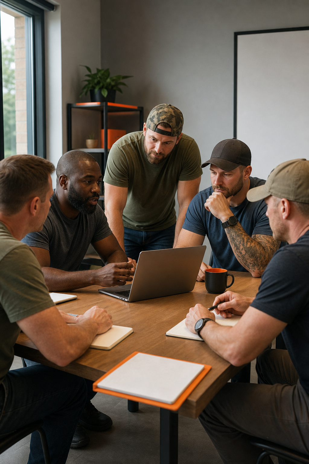A realistic scene of a veteran meeting with a business counselor at a VBOC office, with computers and charts on the wall. Alt: Veteran entrepreneurship mentorship program via SBA.
