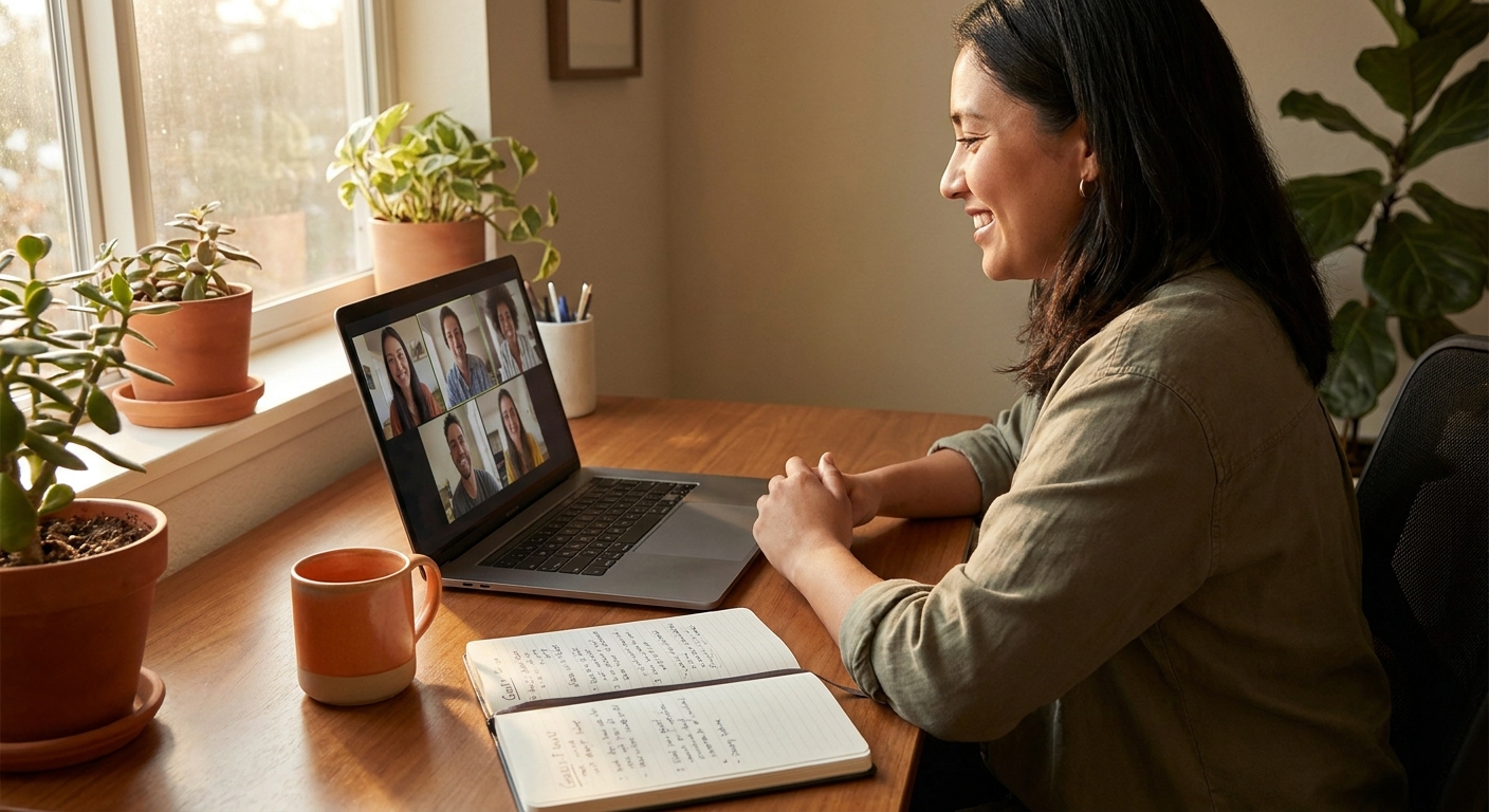 A photorealistic scene of a person at a home desk on a video coaching call, notebook open with handwritten goals, warm natural light, orange accent mug nearby. Alt: network marketing mentorship programme coaching session for UK beginners.