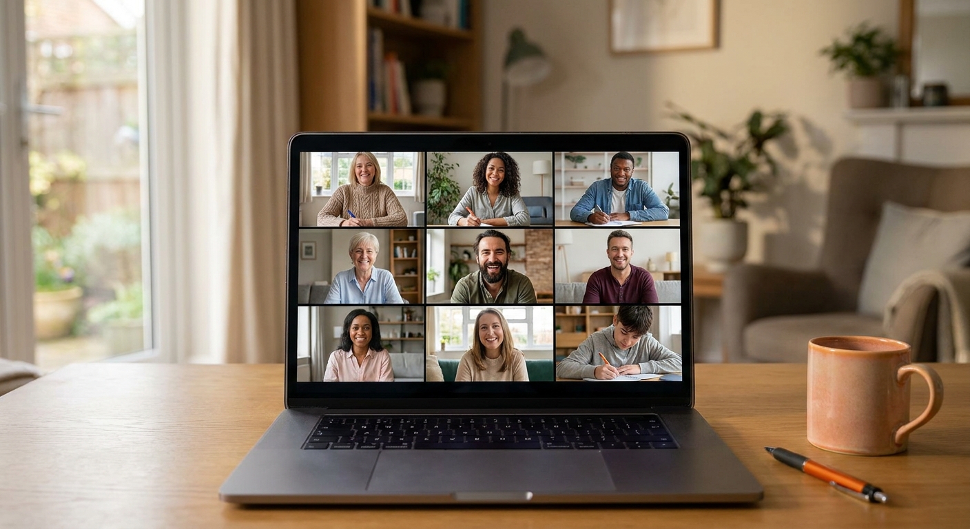 A photorealistic group video call grid on a laptop screen showing diverse people smiling and taking notes, cosy home office setting, soft daylight. Alt: group coaching mastermind for UK network marketing beginners.
