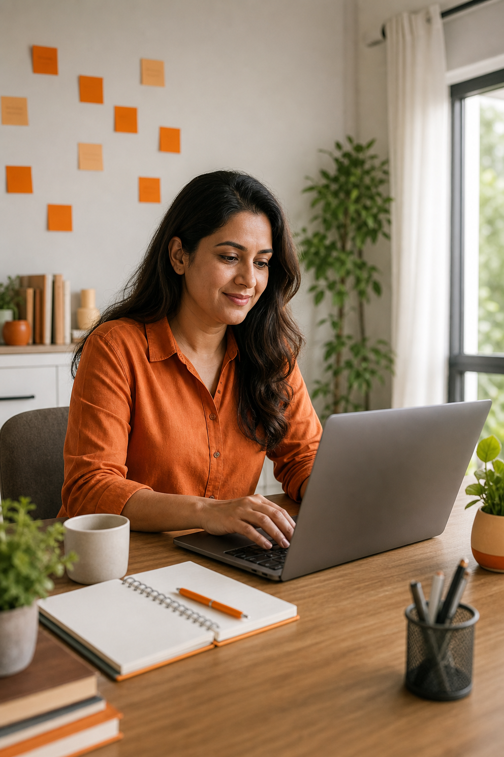 A photorealistic scene of a woman entrepreneur sitting at a bright home office desk, working on a laptop with motivational notes on the wall behind her, warm natural light, orange accent colours, professional yet approachable atmosphere. Alt: Shush Arya network marketing mentorship program for home-based entrepreneurs.