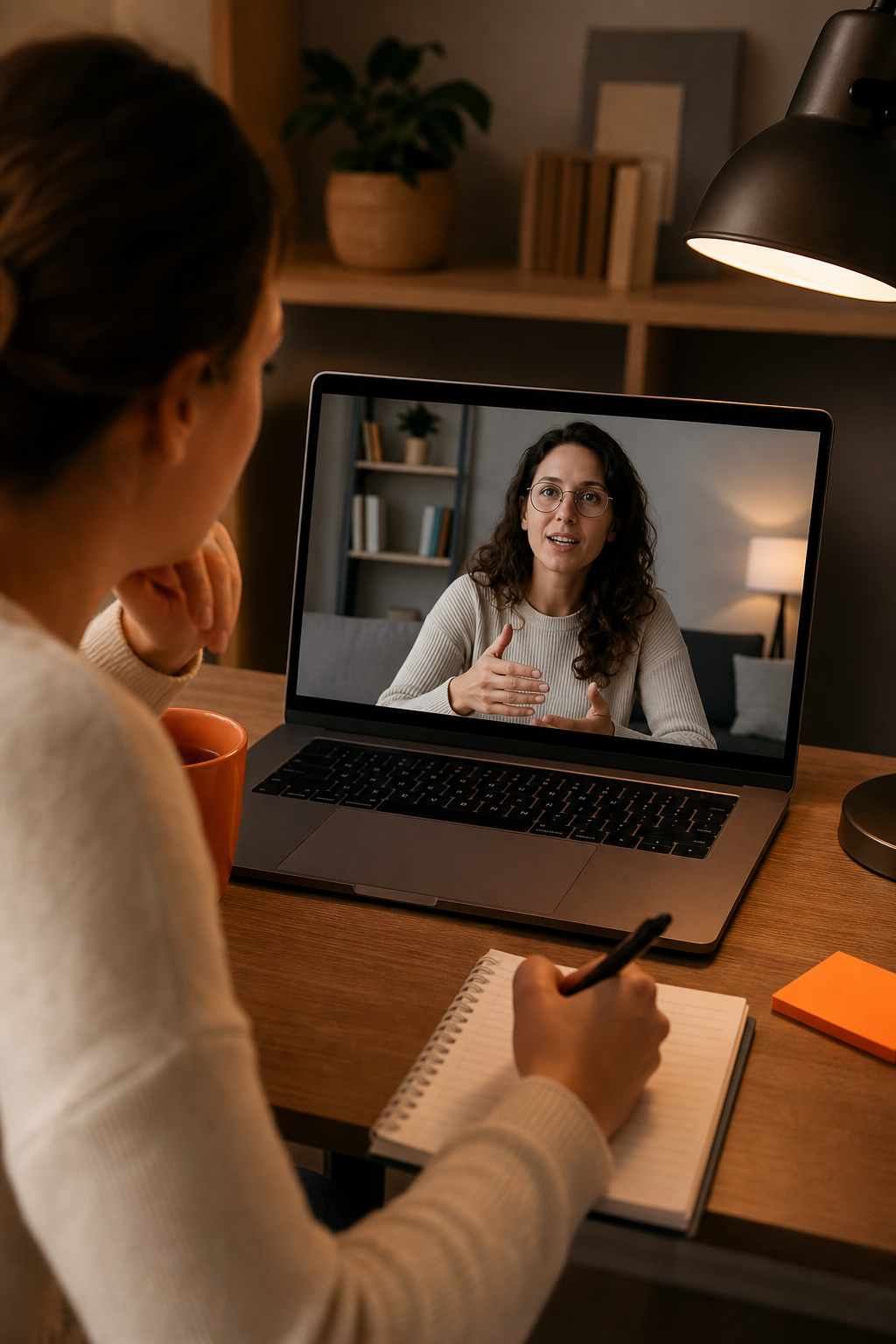 A photorealistic close-up of two people in a video call on a laptop screen, one person taking notes, cosy home office environment, warm desk lamp lighting, professional and focused atmosphere. Alt: One-on-one network marketing coaching session via video call.