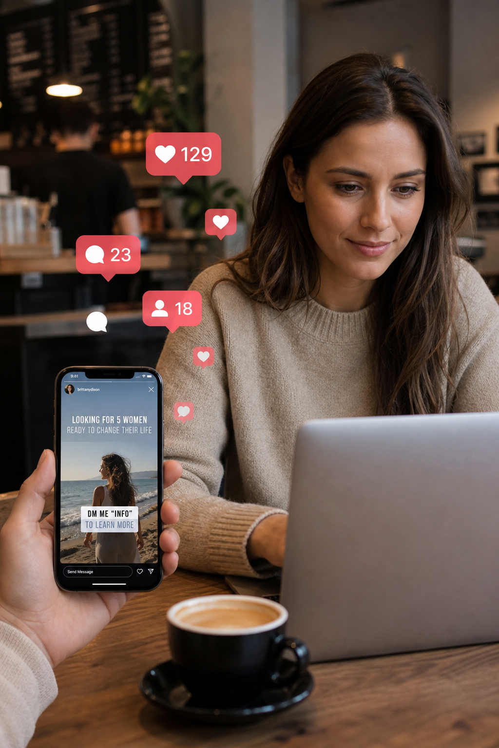 A photorealistic image of a woman sitting at a laptop in a coffee shop, with a smartphone showing Instagram stories, overlaid with floating icons like hearts and comments, representing social media engagement for network marketing. Alt: Social media lead generation for network marketing.
