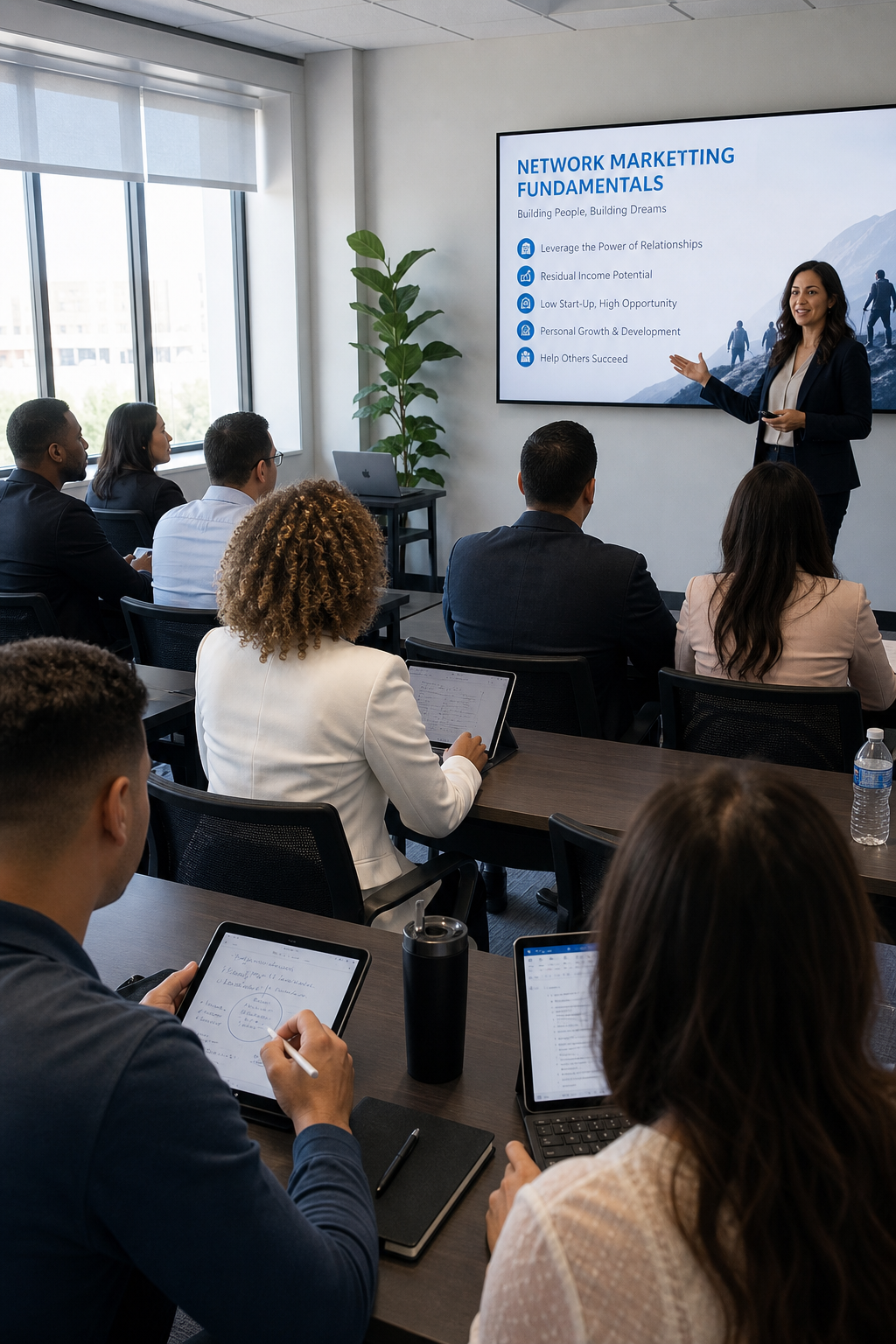 A realistic scene of a diverse group of people sitting in a bright training room, taking notes on tablets and laptops, with a presenter at the front showing a slide about network marketing fundamentals. Alt: Network marketing training session with team learning basics.