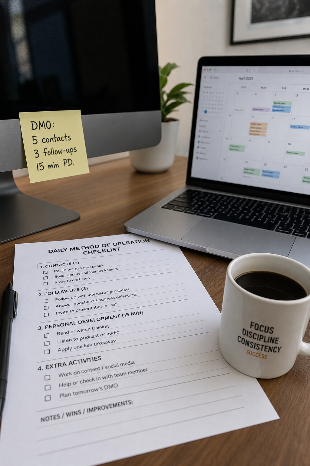 A realistic photo of a clean office desk with a checklist, a laptop showing a calendar, and a cup of coffee. A sticky note on the monitor says