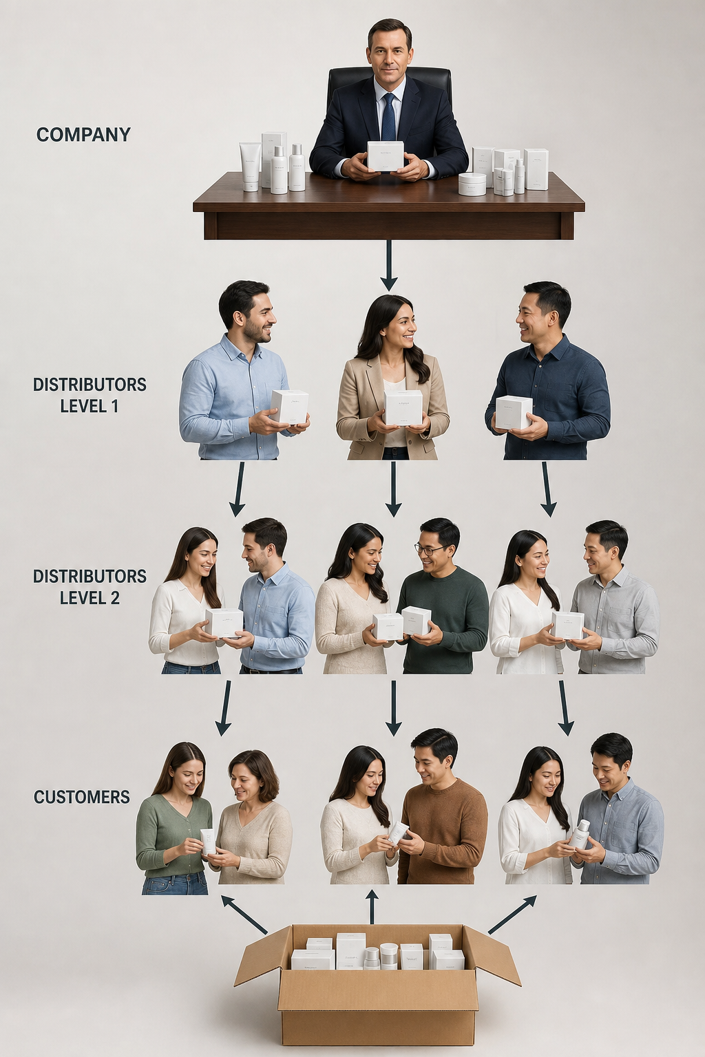 An abstract pyramid with people on each level and a caution sign, illustrating the concept of pyramid schemes. Alt: Pyramid scheme illustration highlighting recruitment focus.