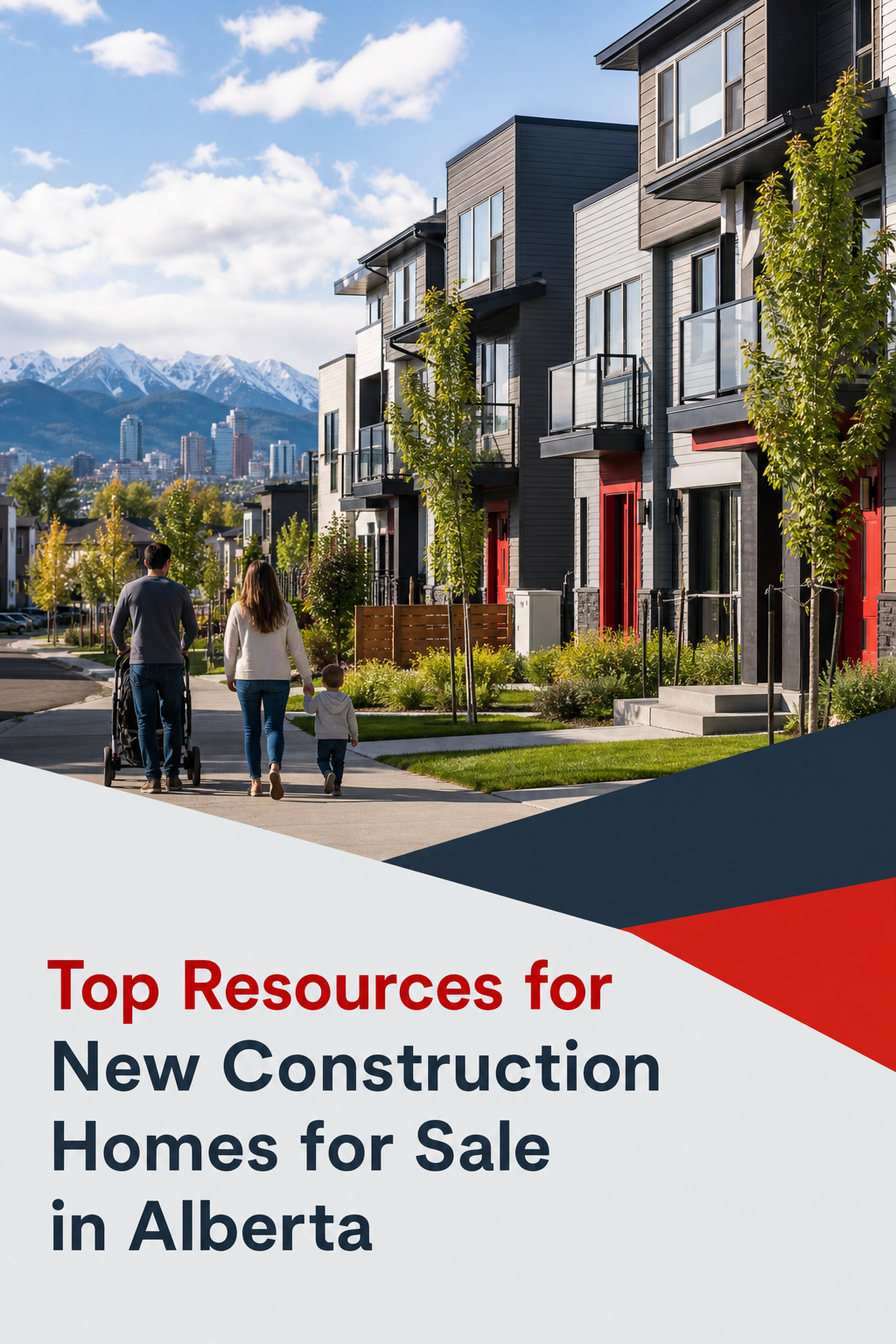A realistic street view of a new‑construction neighbourhood in Calgary, showing modern townhomes and families walking, with the brand colour #B20303 used in signage, Alt: new construction homes Calgary community