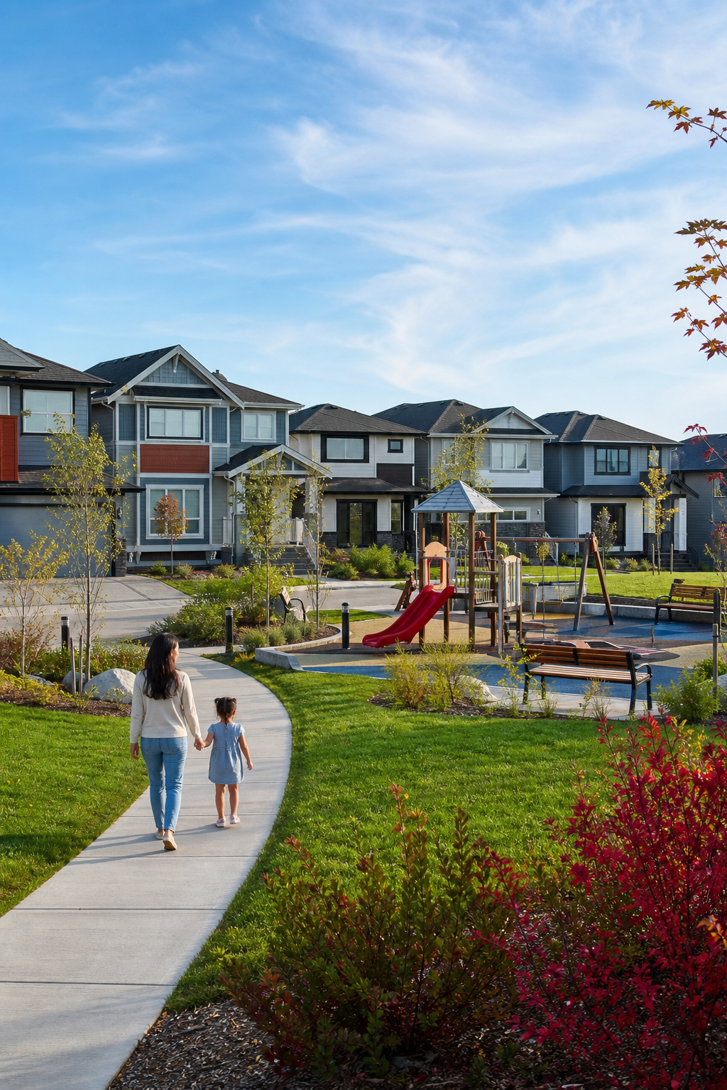 A realistic rendering of a Brookfield Residential neighbourhood with modern homes, green spaces and playgrounds, Alt: Brookfield Residential new community