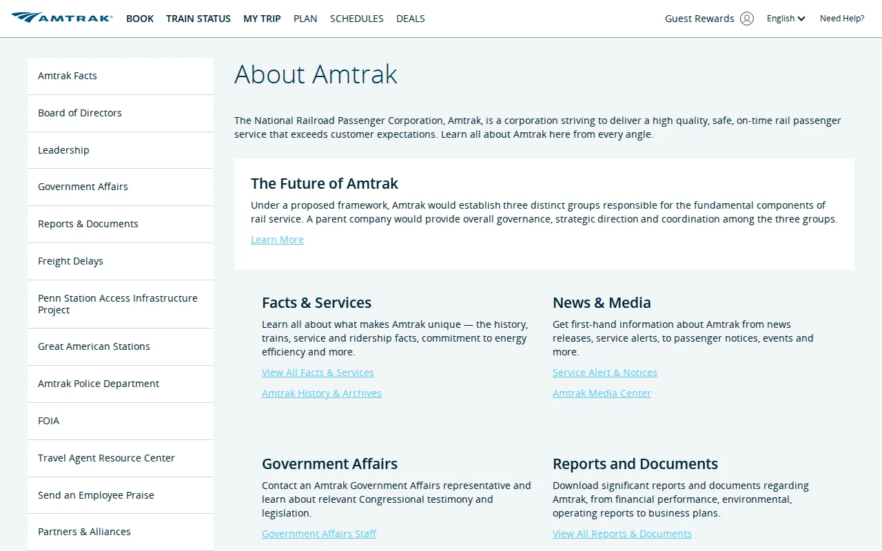 Screenshot of the Amtrak website