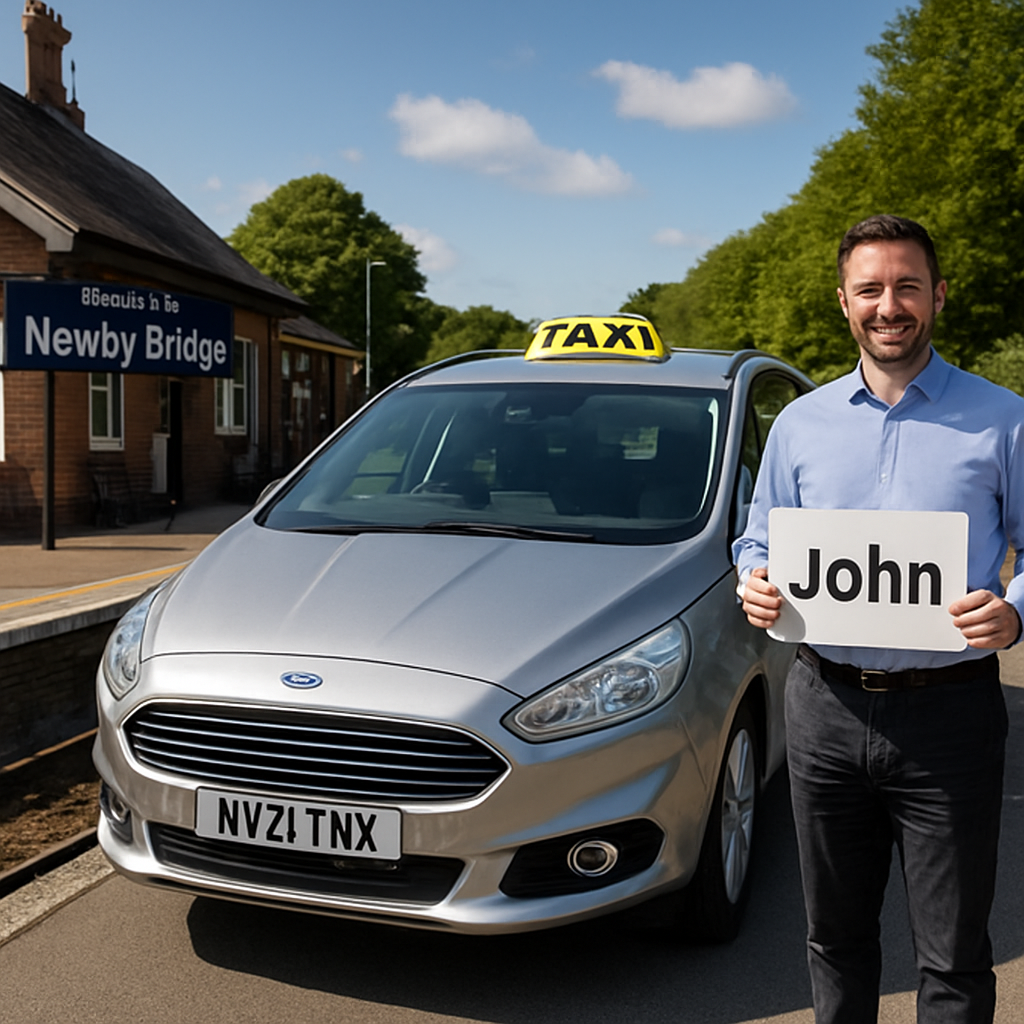 A sunny Newby Bridge train station with a friendly taxi waiting, driver holding a sign with the passenger’s name. Alt: Newby Bridge taxi service ready for passengers at the station