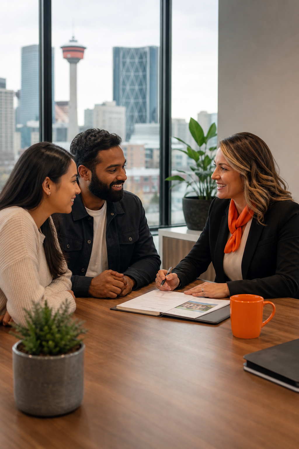 A welcoming branch in Calgary with a mortgage specialist sitting at a desk, smiling at a young couple of diverse ethnicities, warm lighting, realistic style. Alt: A mortgage specialist assisting a newcomer couple in Calgary.