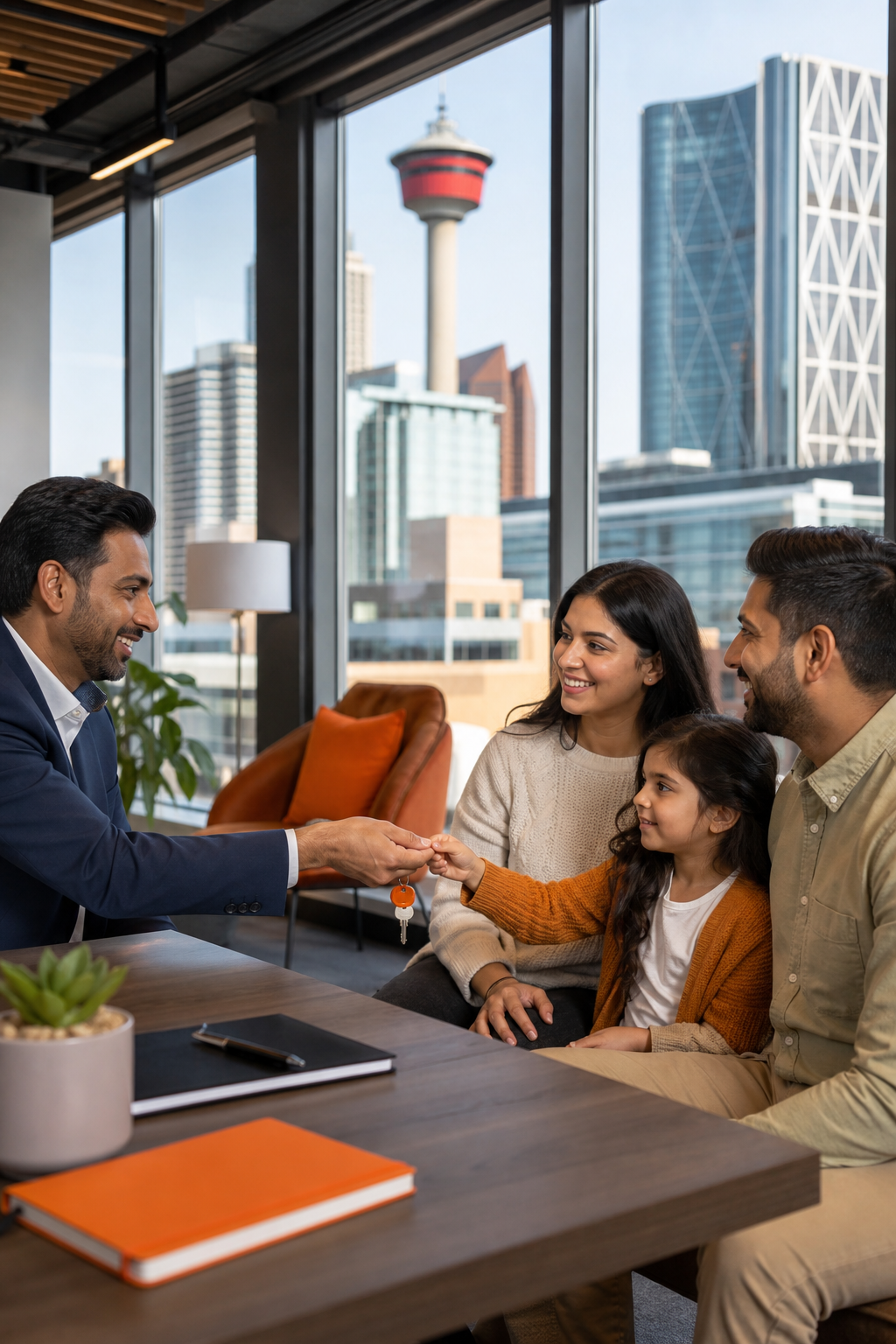 A modern bank branch in downtown Calgary, with a friendly mortgage advisor handing a key to a newcomer family, realistic style. Alt: Newcomer mortgage Calgary low down payment.