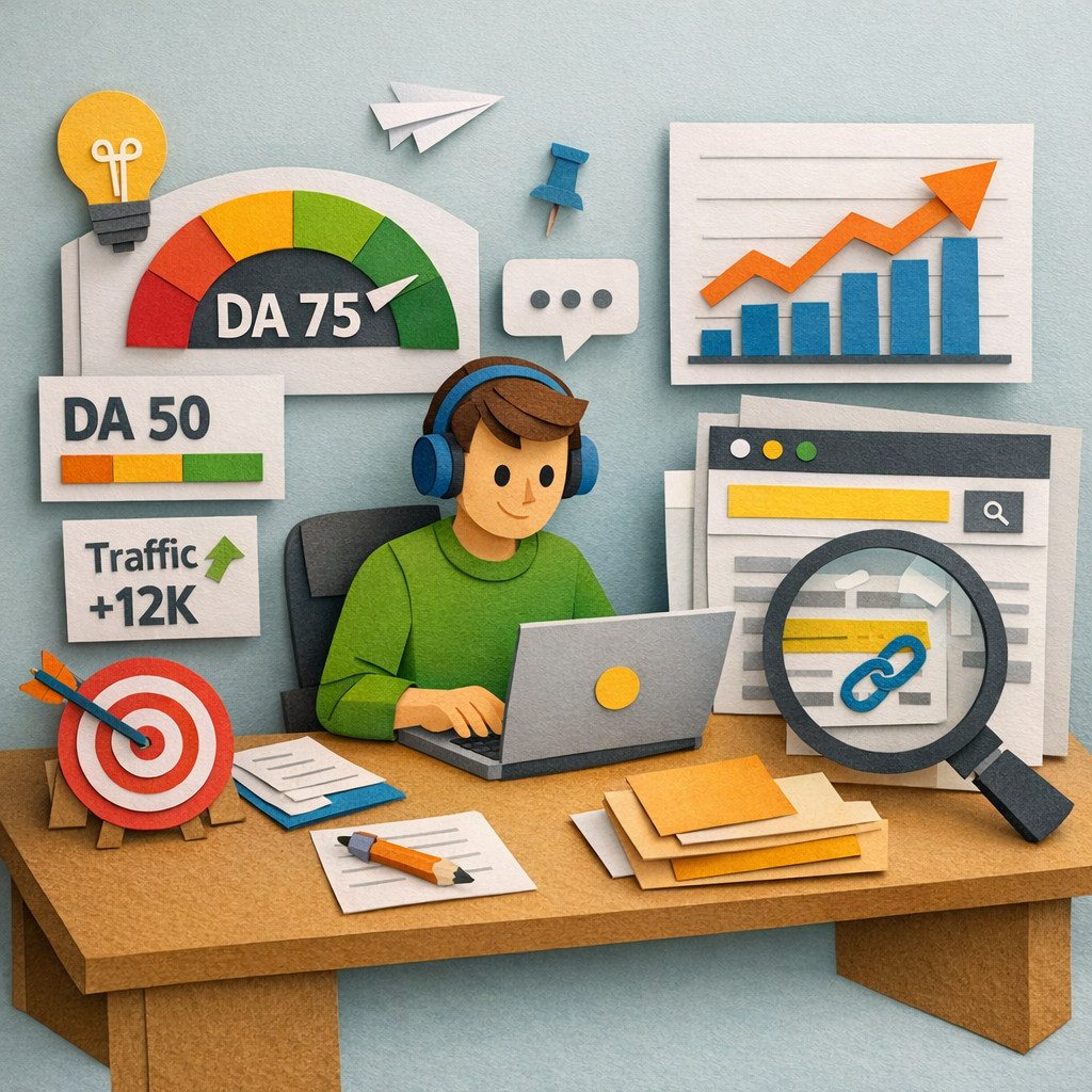 A Papercraft illustration of a marketer sitting at a desk with a laptop, surrounded by paper cut‑out icons representing domain authority scores, traffic graphs, and a magnifying glass hovering over a web page, emphasizing the research process for niche edits link building. Alt: Detailed papercraft scene of niche edit prospecting workflow.